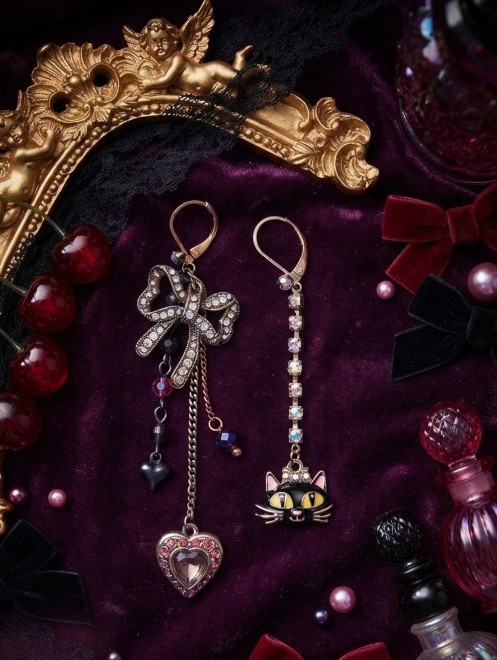 Vintage Betsey Johnson Black Cat & Pink Heart Dangle Earrings Coquette Pave Bow